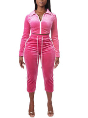 Contrast Stripe Velvet Top and Capri Pants Set