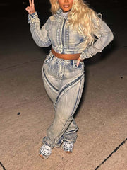Fashion Zipper Crop Jacket And Straight Leg Jeans Sets