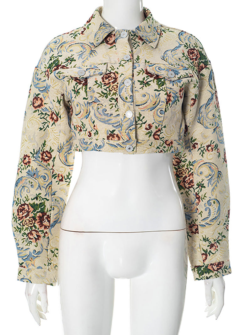 Fashion Vintage Jacquard Button Cropped Jacket