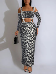 Sexy Slim Fit Leopard Print Two Piece Long Sleeve Dress