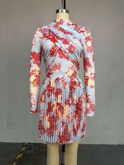 Print Long Sleeve Cross Top Pleated Skirt Two Piece Set