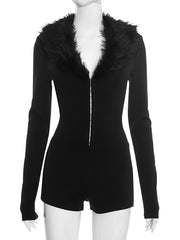Sexy V Neck Front Zipper Faux Fur Tight Romper