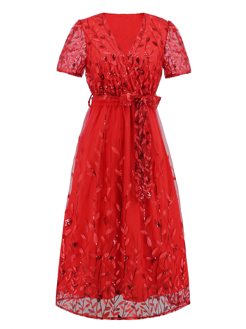 Fashion V-neck Sequin Lace-up Slim Party Dress