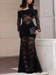 Sexy Off Shoulder Ruched Patchwork Lace Maxi Dress