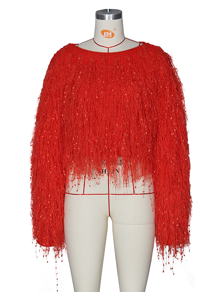 Neon Fringe Knit Casual Pullover Sweater