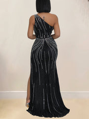 Sexy Rhinestones One-Shoulder Maxi Dress