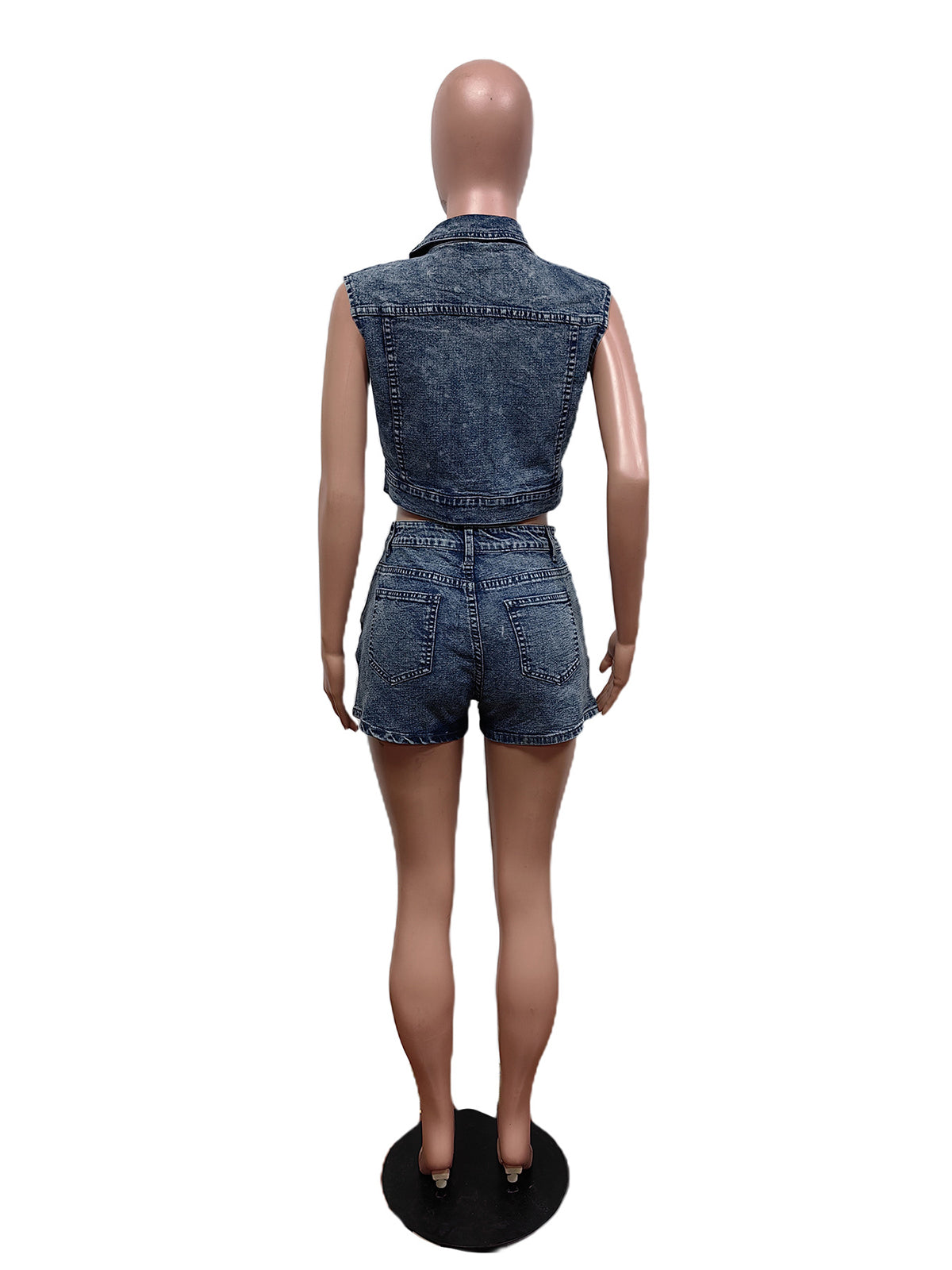 Casual Print Waistcoat Shorts Denim Set