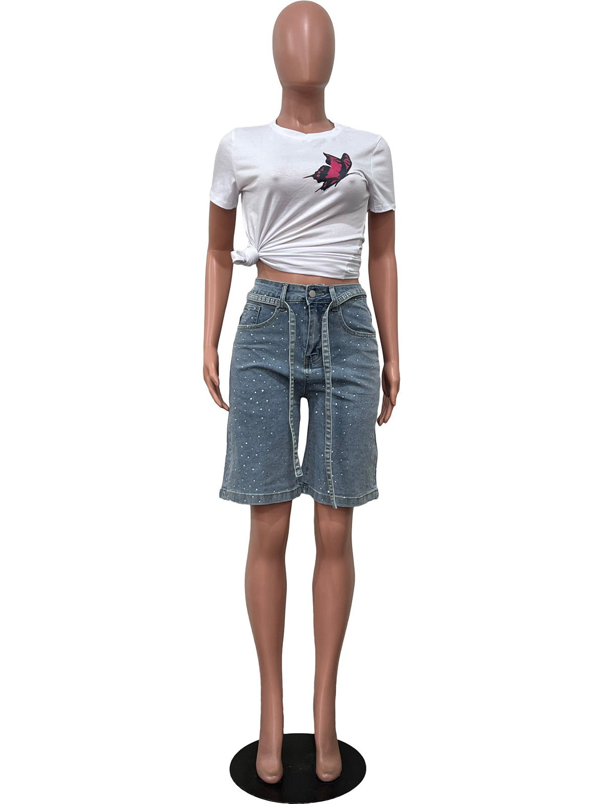 Fashion Rhinestone Embellishment Denim Shorts