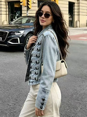 Military Button Trim Cropped Denim Jacket