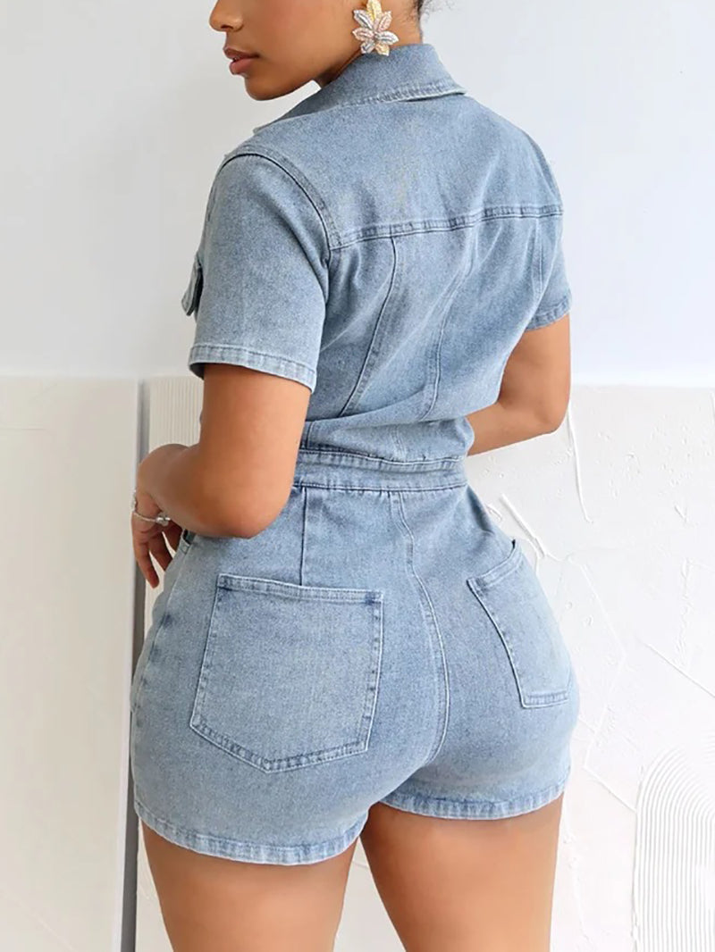 Lapel Short Sleeve Denim Slim If Romper