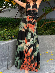 Sexy Halter Sleeveless Print Long Dress