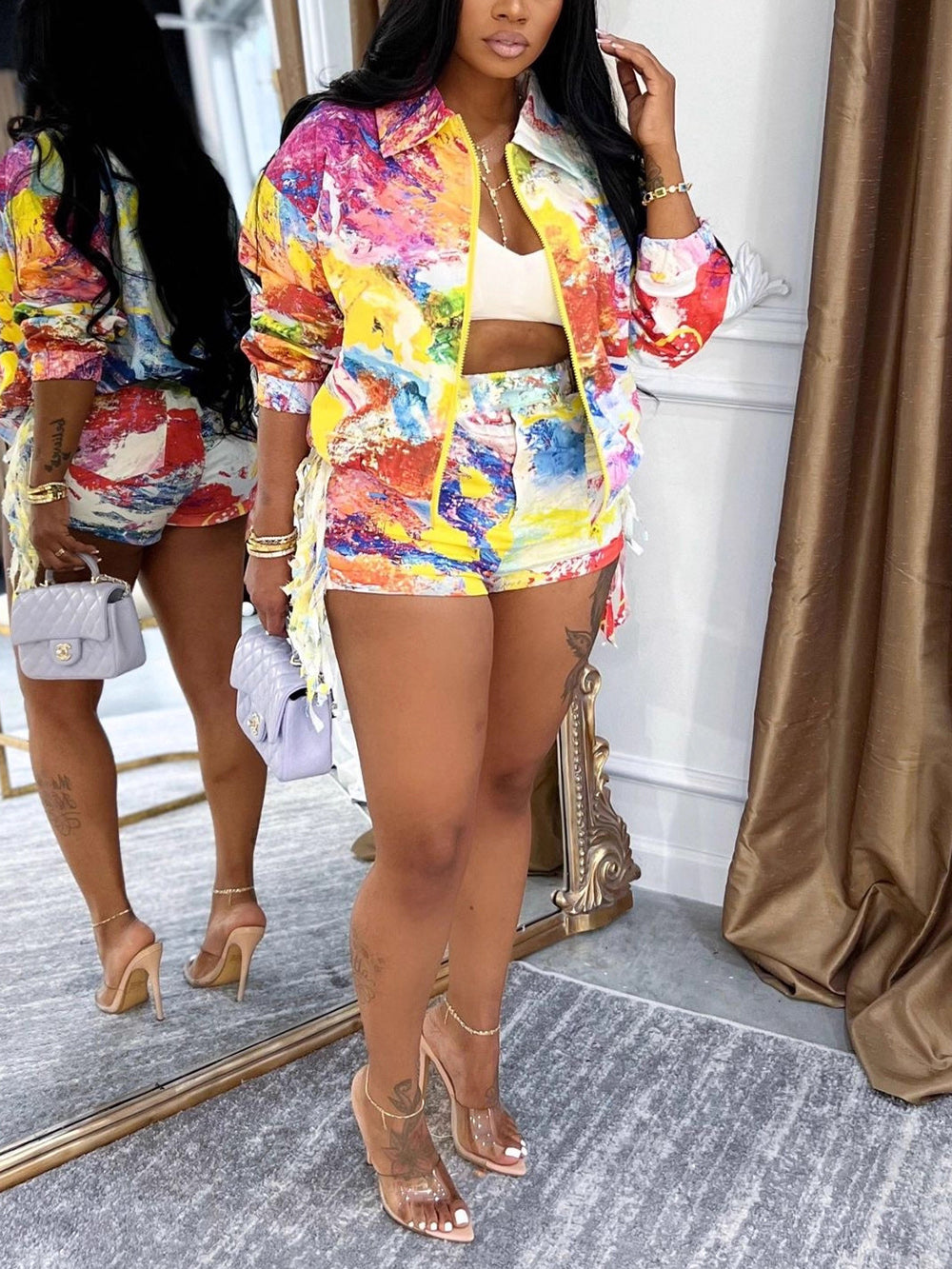 Casual Print Zipper Top And Shorts Two Piece Set