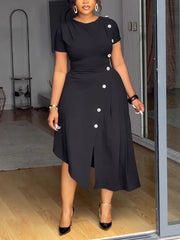 Casual Round Neck Irregular Hem Split Midi Dress