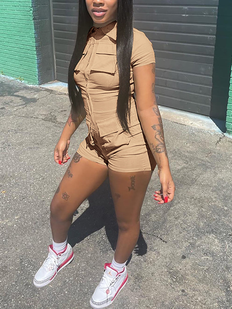 Casual Zipper Multi Pocket  Cargo Romper