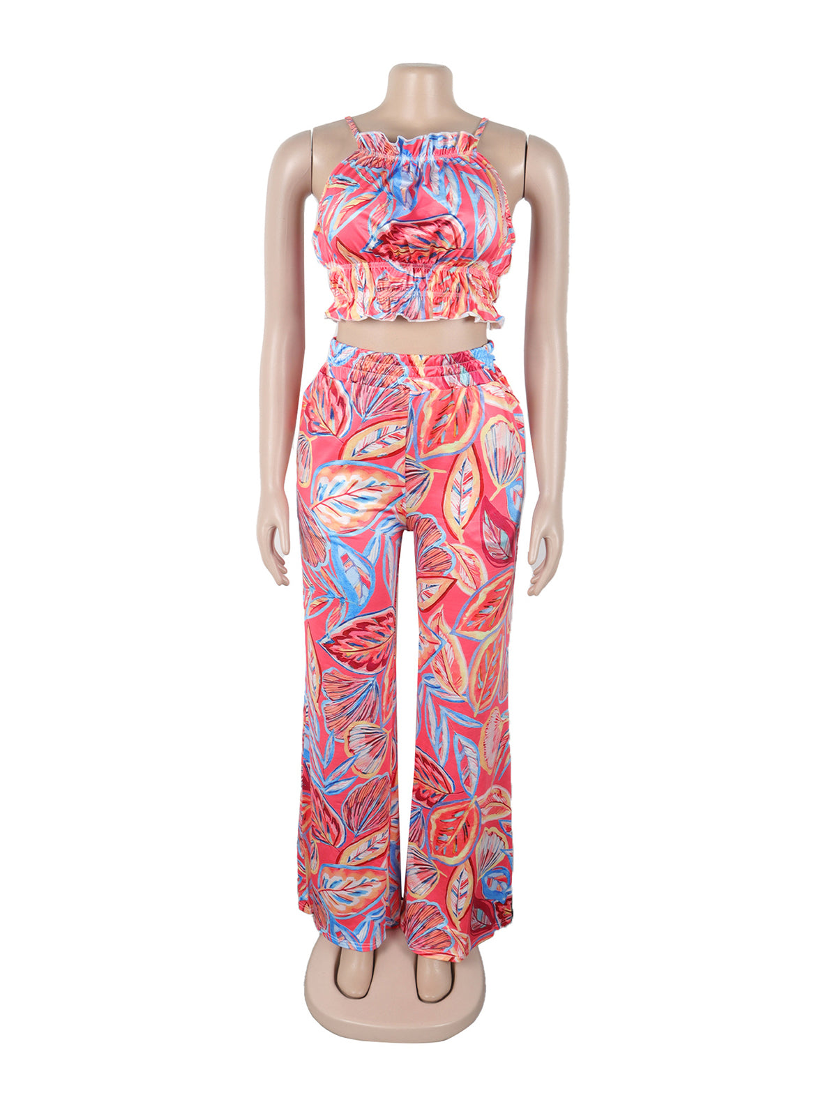 Sexy Print Crop Top High Waist Wide Leg Pants Set