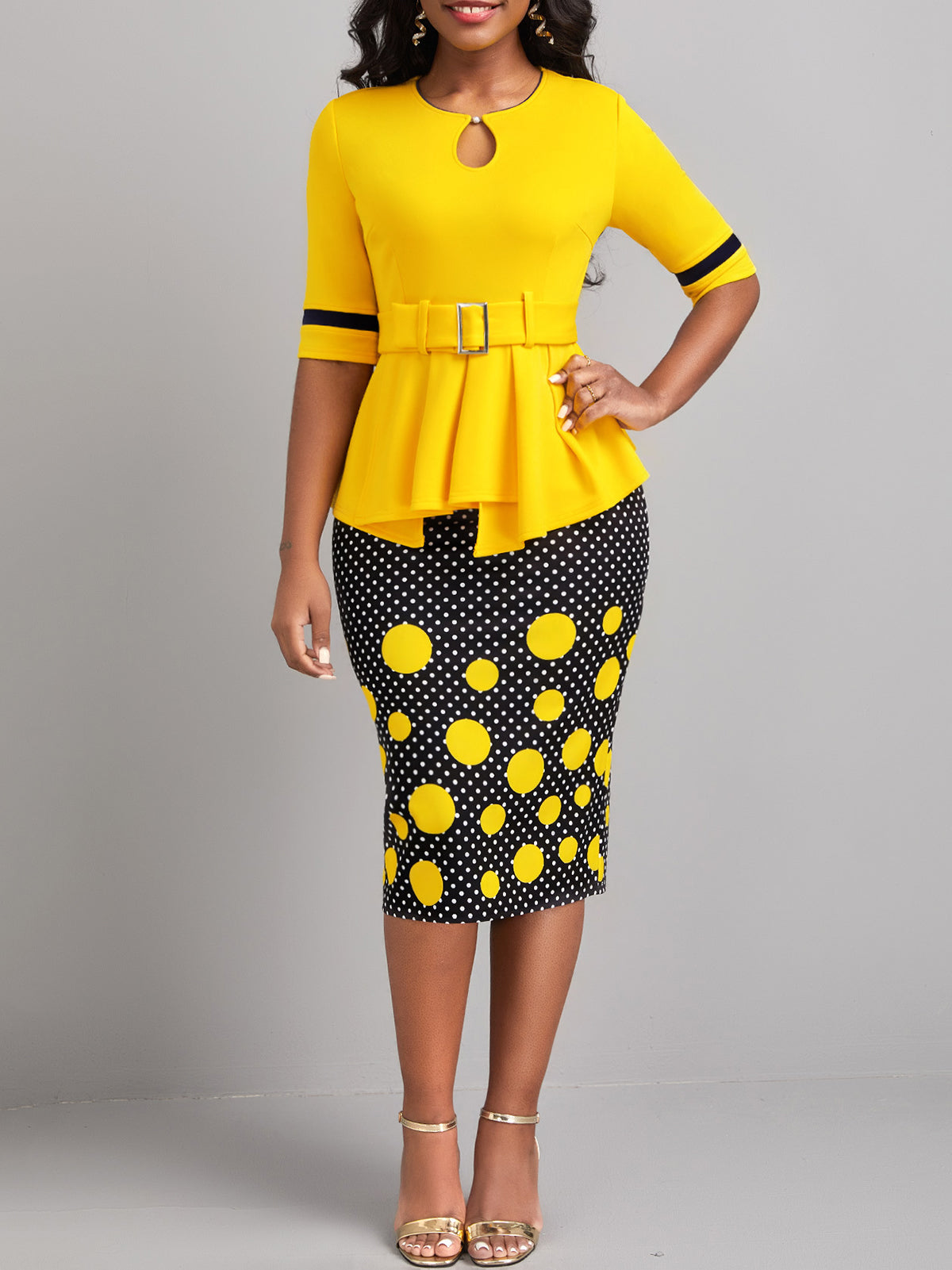 Polka Dot Patchwork Belted Bodycon Dress