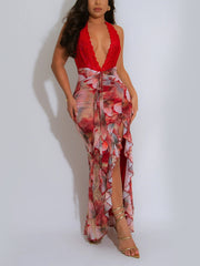 Sexy Deep V Halter Backless Lace-up Ruffle Dress