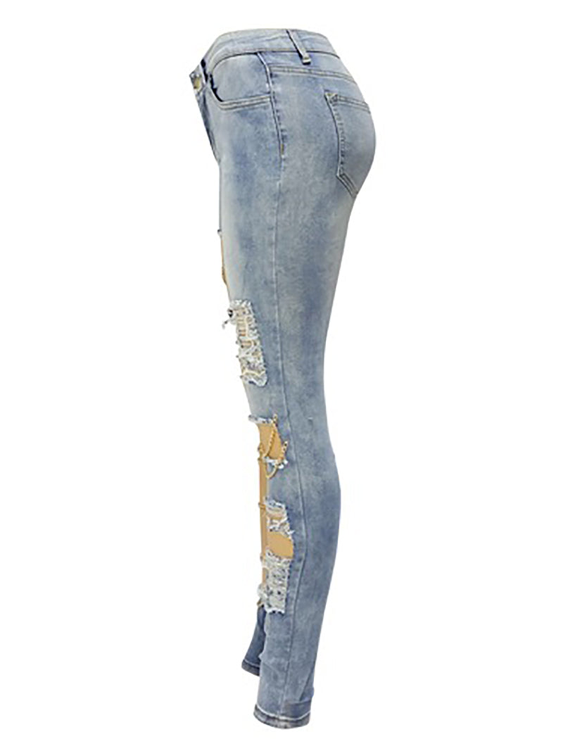 Fashion Chain Ornament Ripped Jeans