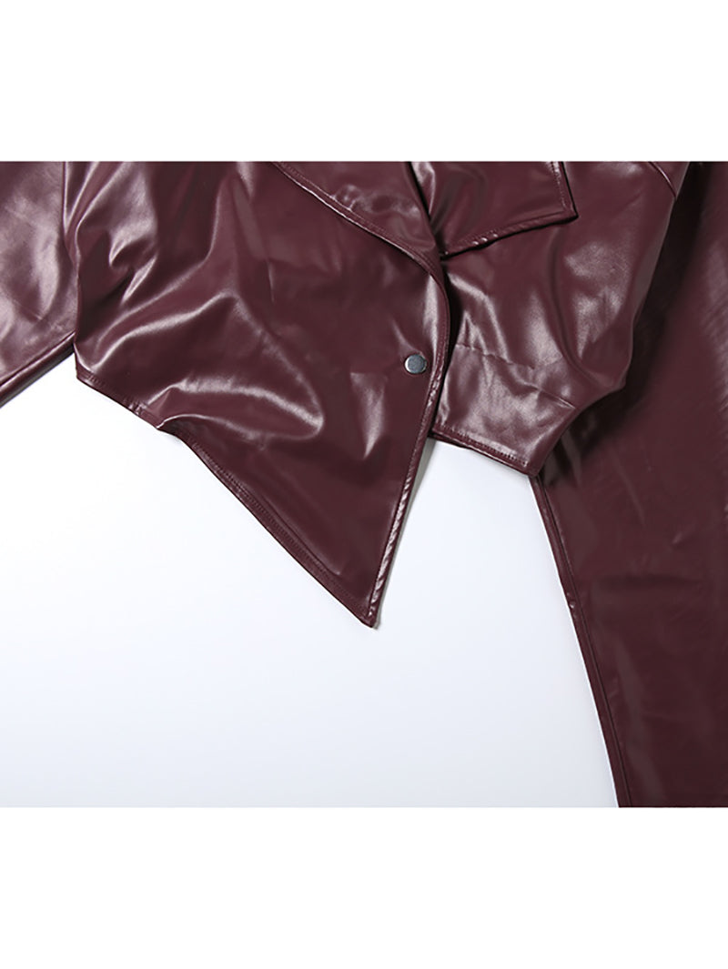 Sexy Cross Neck Irregular PU Leather Crop Jacket