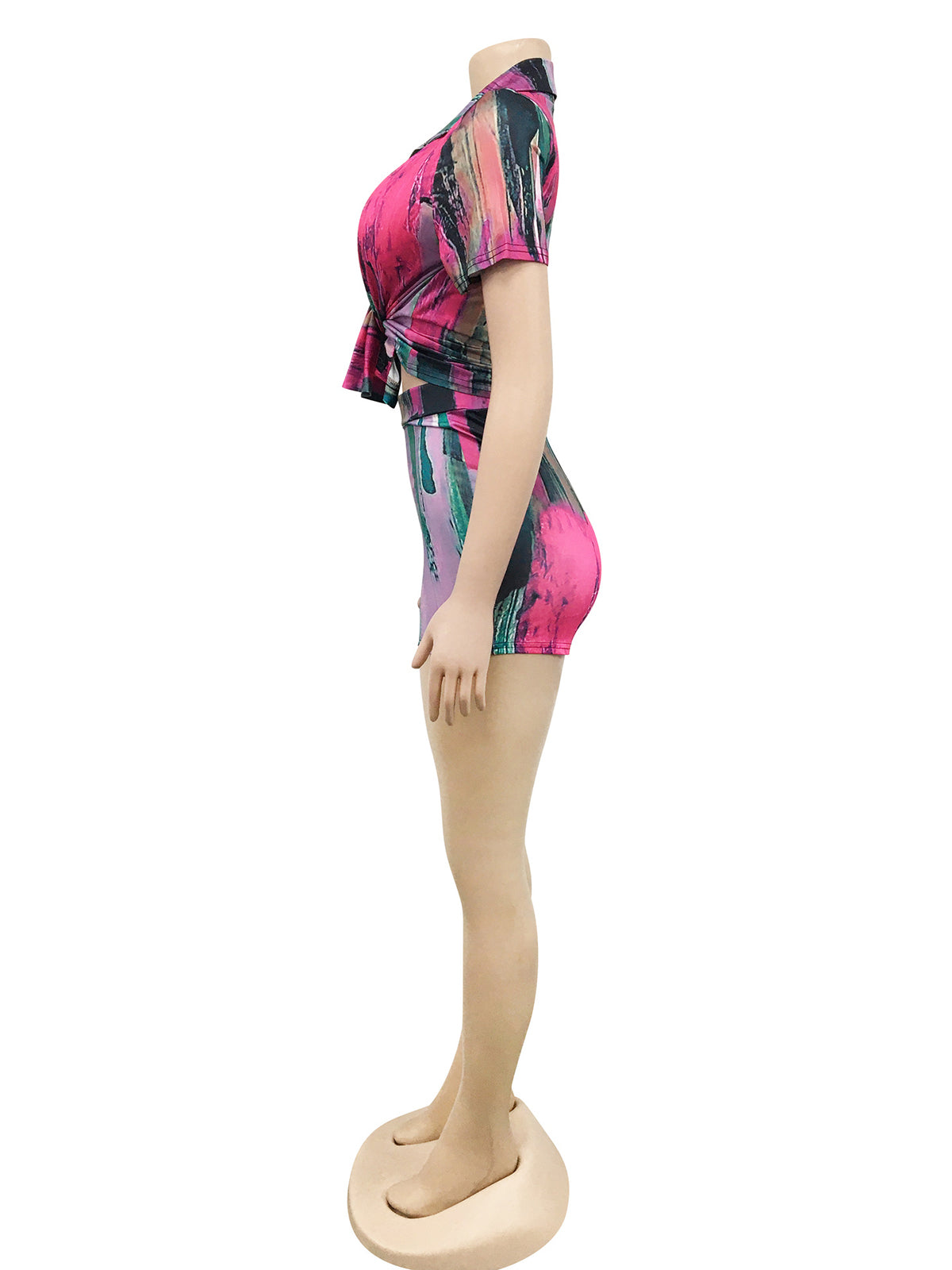 Print Turn-Down Collar Shirt Shorts Slim Two Piece Set