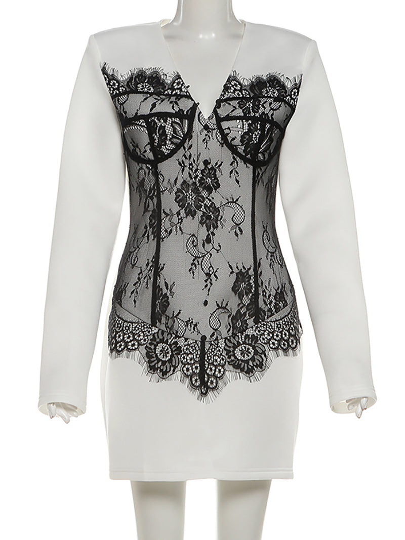 Elegant V Neck Lace Patchwork Package Hip Mini Dress