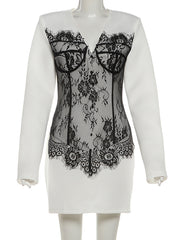 Elegant V Neck Lace Patchwork Package Hip Mini Dress