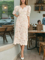 Short-Sleeve V-Neck Bow Lace Midi A-Line Dress
