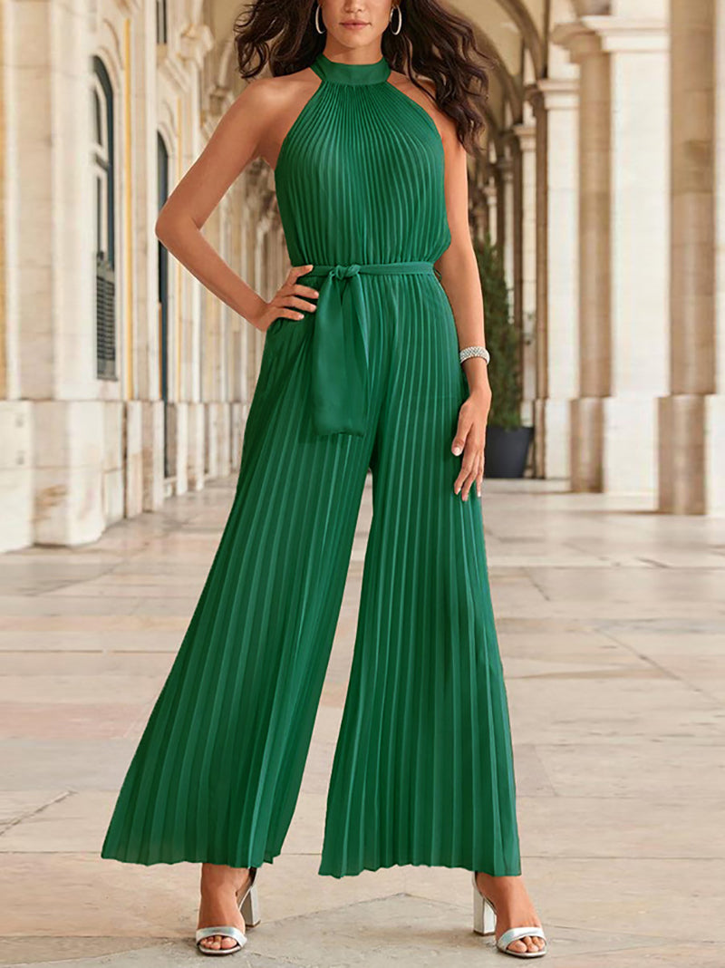 Fashion Sleeveless Slim Wide Leg Pleated Jumpsuit