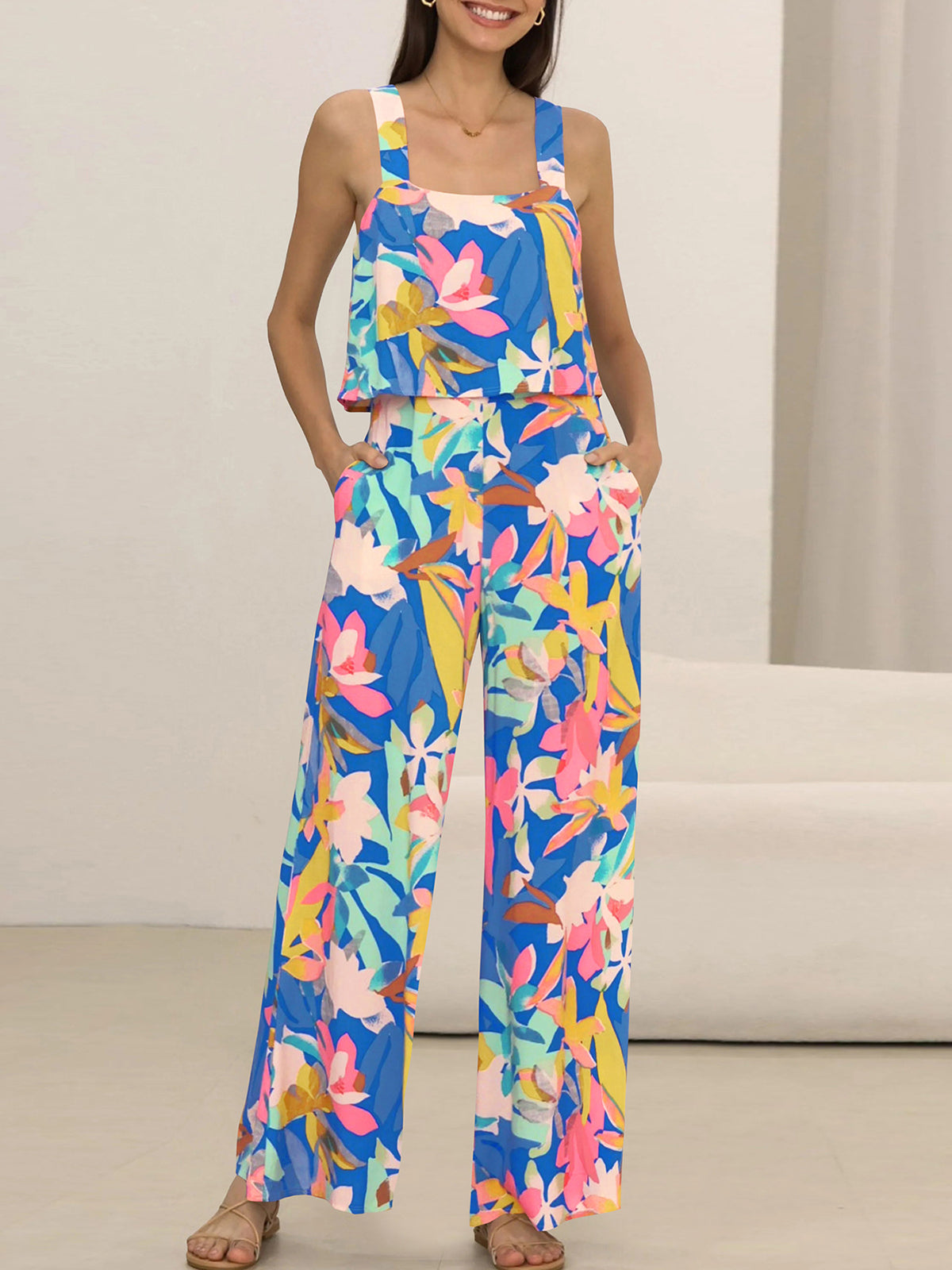 Fashion Suspenders Print Wide-leg Jumpsuit