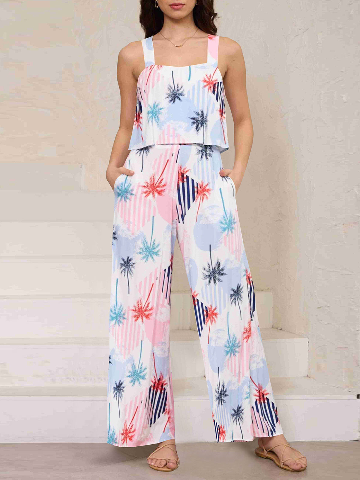 Fashion Suspenders Print Wide-leg Jumpsuit