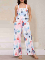 Fashion Suspenders Print Wide-leg Jumpsuit