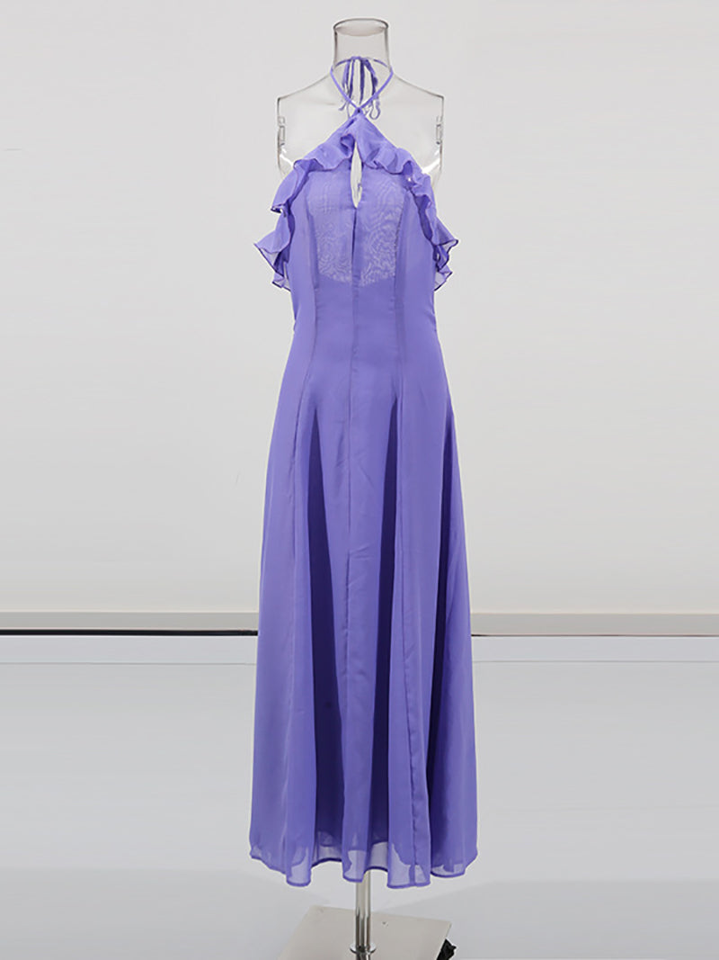Elegant Sheer Mesh Ruffle Backless Halter Maxi Dress