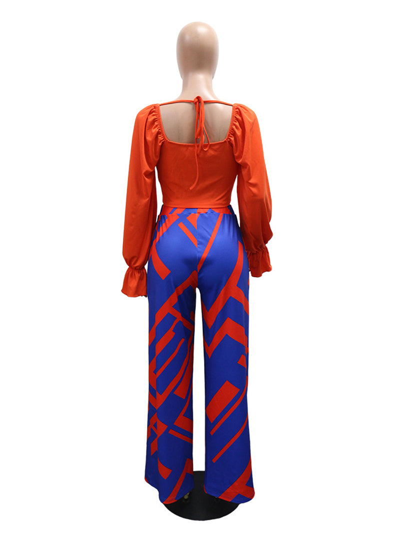 Casual Print Lace-up Crop Top Wide Leg Pants Set