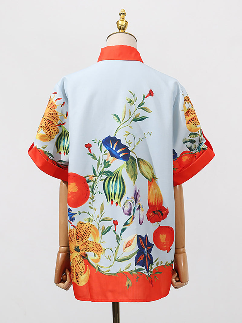 Print Short Sleeve Shirt Wide Leg Pants Casual Set