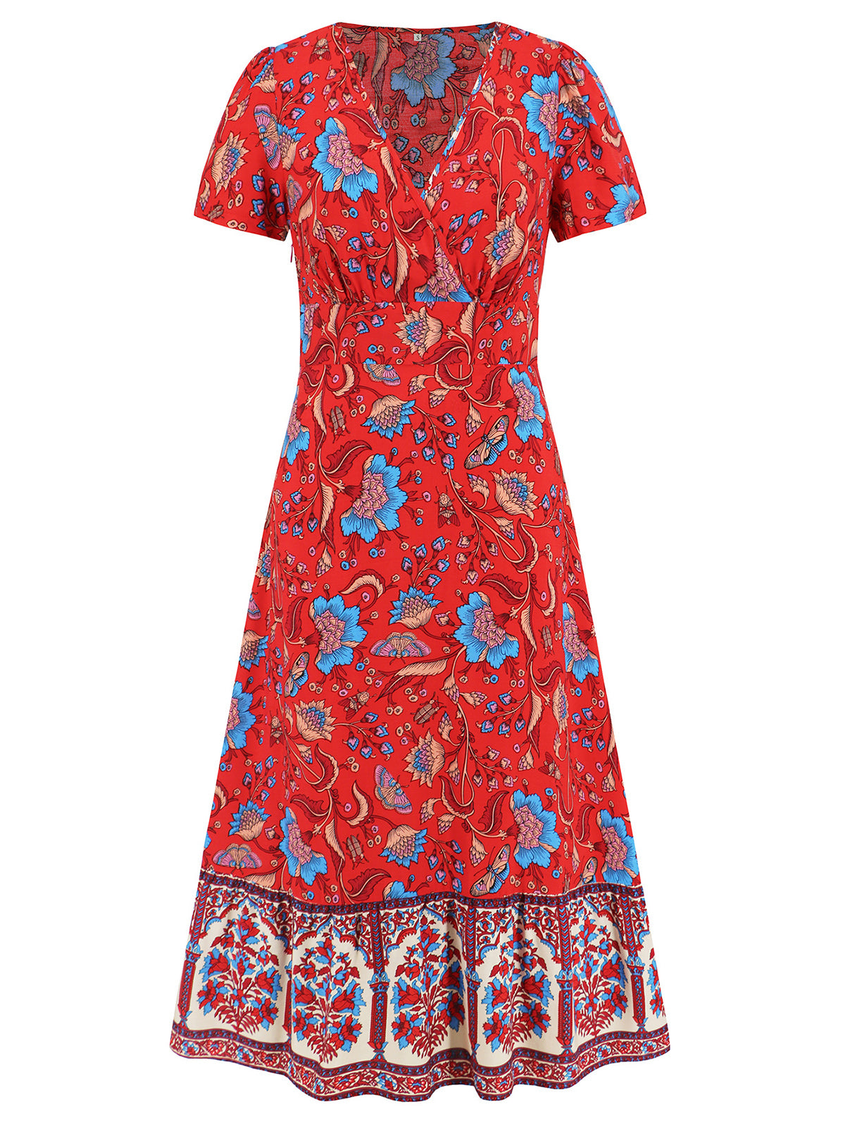 Casual V-neck Print Short Sleeve Slim Midi Dress