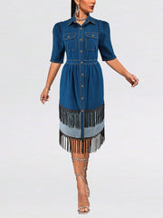 Plus-Size Two-Tone Fringe Lapel Denim Dress