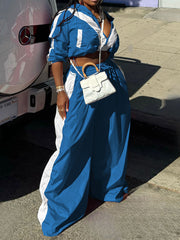 Patchwork Contrast Zipper Collar Sports Two Pieces Set