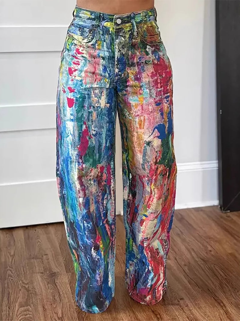 High Wais Tie Dye Print Straight Trousers