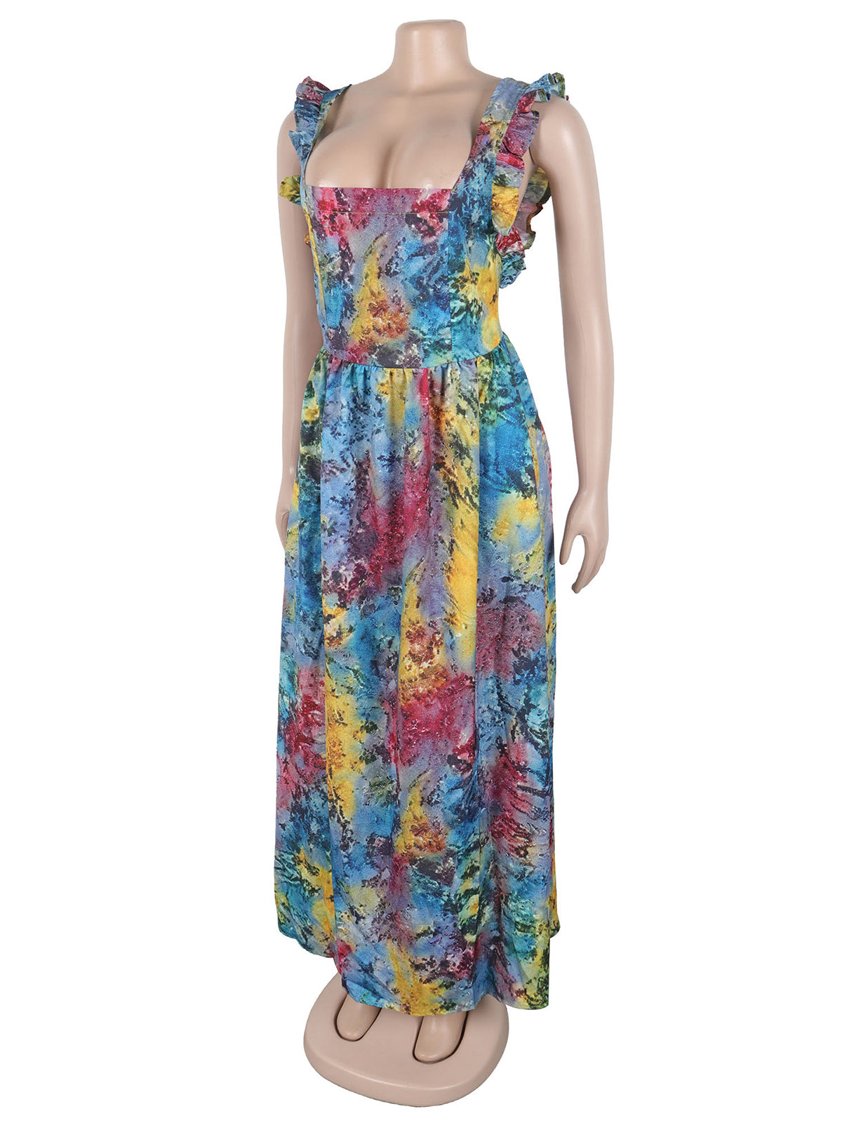 Fashion Print Backless Lace-up Pleated Maxi Dress