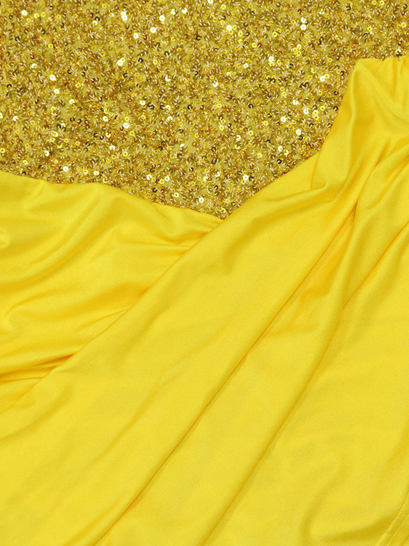 Sequins O-neck Patchwork Irregular Ruched Club Dress