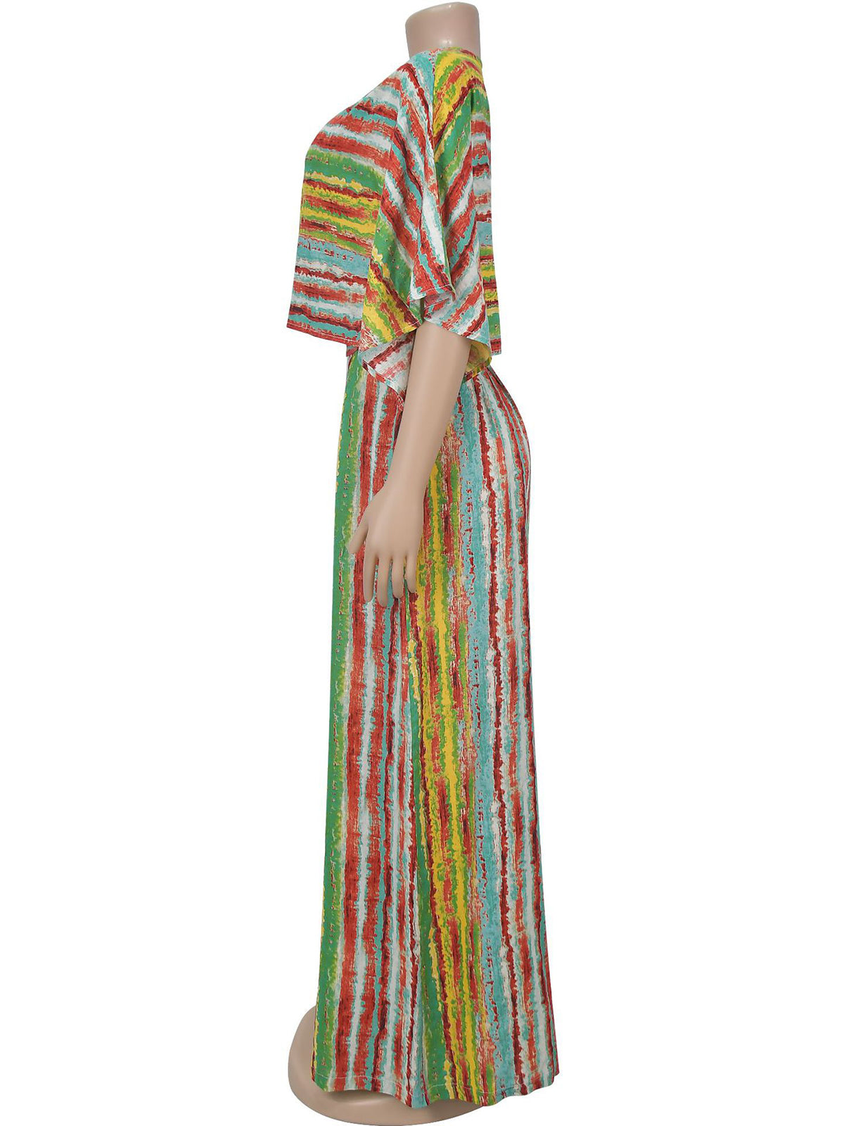 Stripe Print O Neck Half Sleeve Wide Leg Pants Set