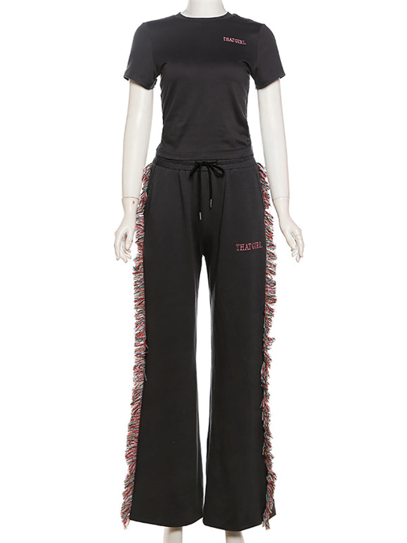 Short Sleeve T-shirt Tassels Pants Two Piece Sets