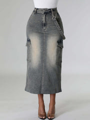 Fashion Elastic Denim Mid Skirt