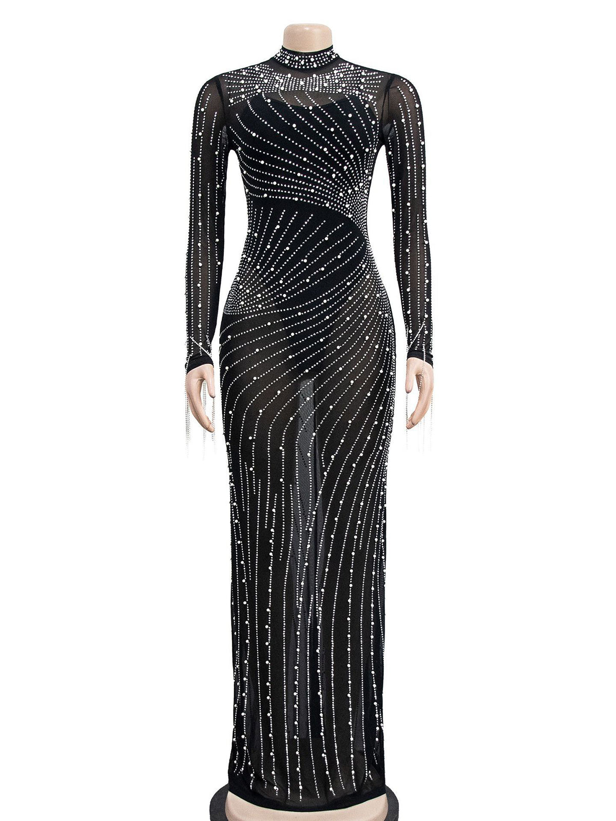 Sexy Rhinestone Sheer Mesh Party Club Maxi Dress