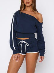 Casual Off Shoulder Sweatshirt And Shorts Two Piece Set
