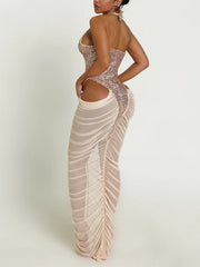 Sexy Halter Sequin Mesh Patchwork Ruched Maxi Dress
