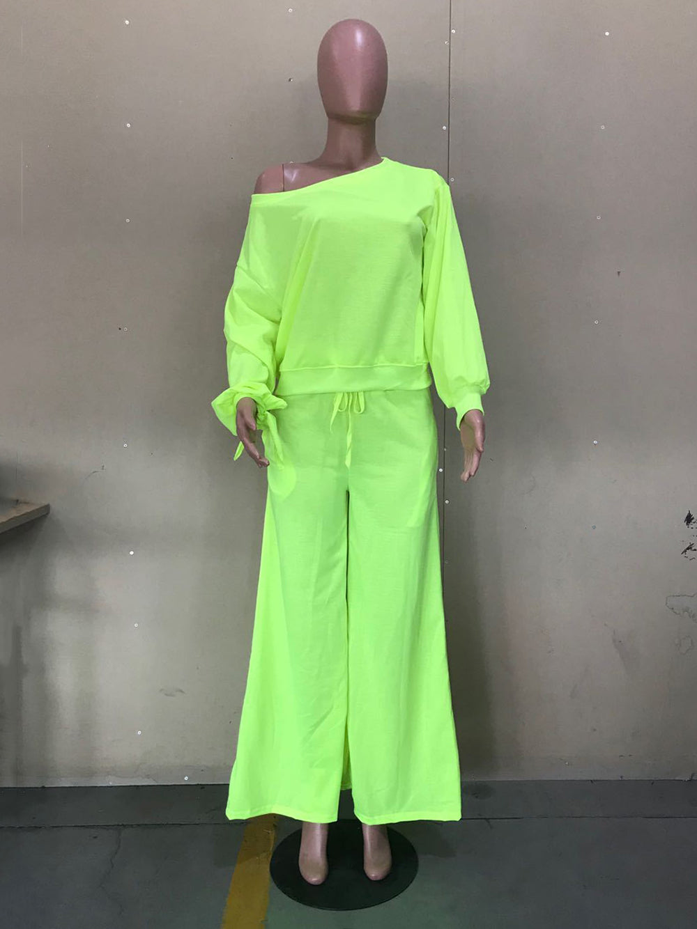 Casual Oblique Shoulder Tops High Waist Trousers Set