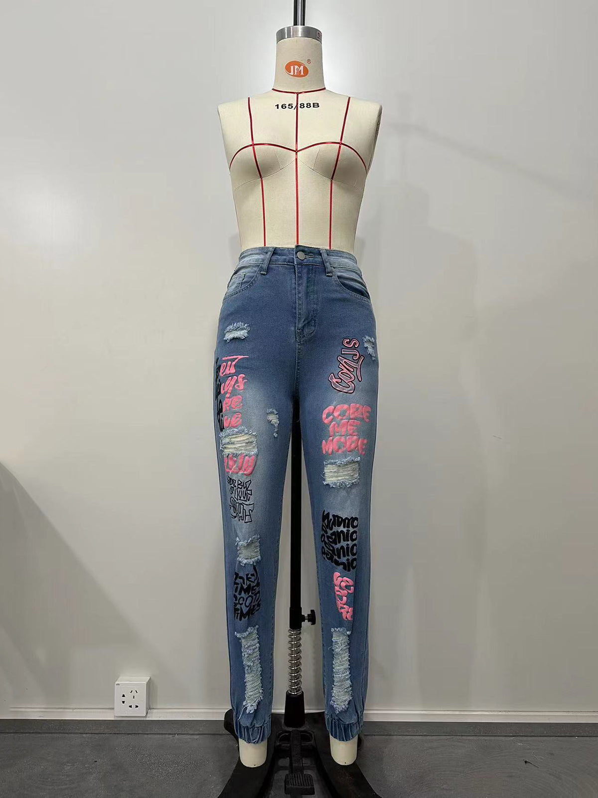 Fashion High Waist Letter Print Ripped Jeans