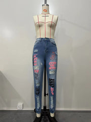 Fashion High Waist Letter Print Ripped Jeans