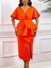V-Neck Ruffled Split Beaded Evening Dress